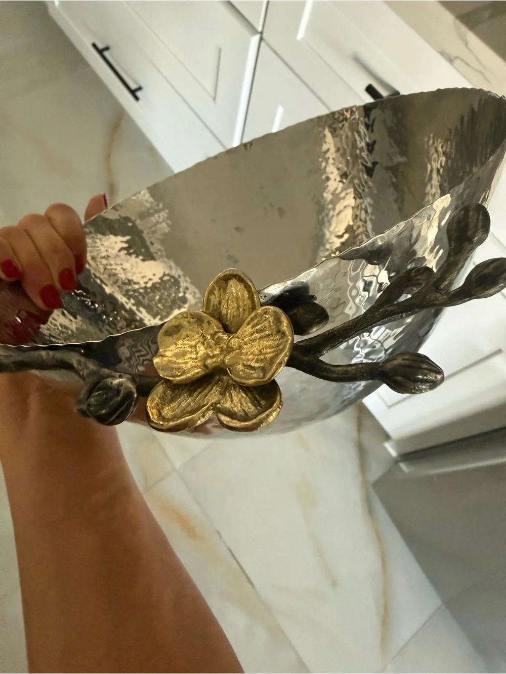 Decorative Michael Aram Silver Hammered Bowl with Gold orchid